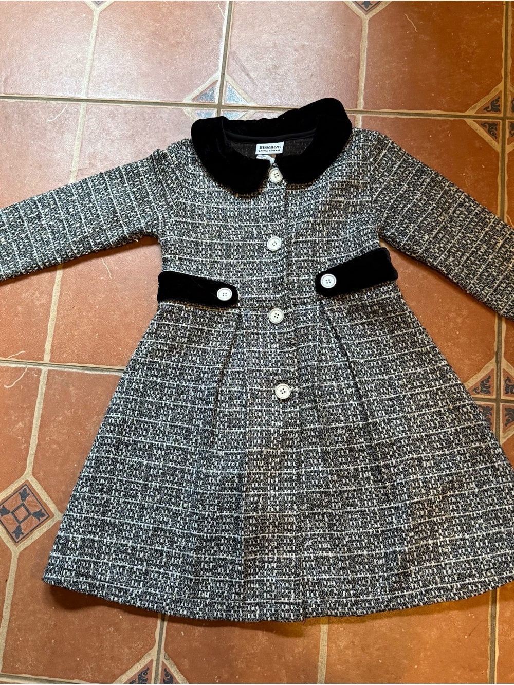 Blueberi Boulevard Black & White Tweed Coat with Velvet Collar
